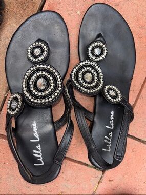 Black Beaded Circle T-Strap Sandals